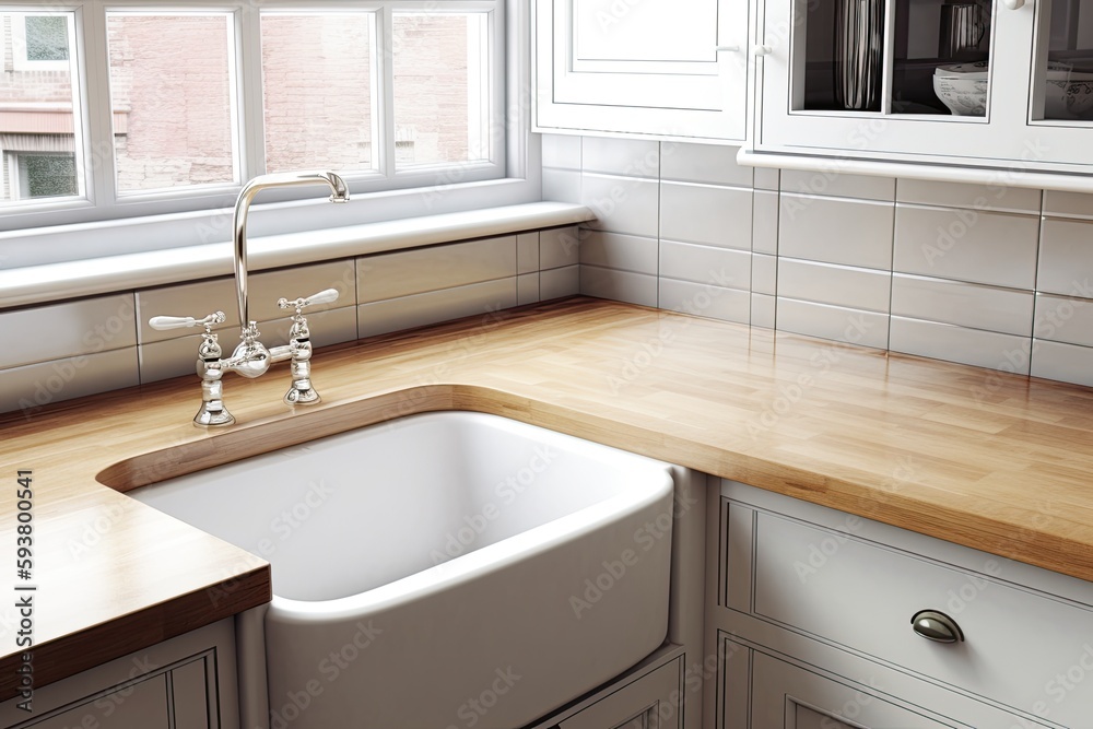 cozy kitchen featuring a sink and a window with a view. Generative AI cozy kitchen featuring a sink and a window with a view. Generative AI