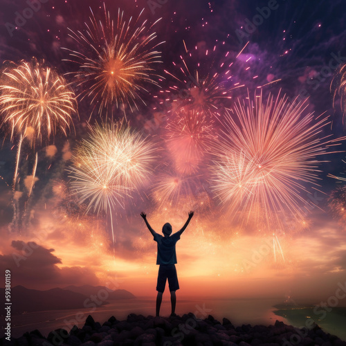 Joyful Celebration: Silhouette of Boy Watching Fireworks - Created with Generative AI and Other Techniques