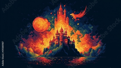 Pixel art, sparkling castle, and dragon (ai generated)