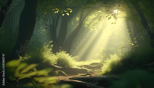 beautiful rays of sunlight in a green forest, digital art illustration, Generative AI