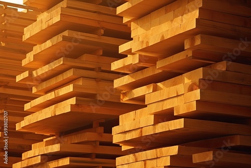 pile of wooden planks stacked on each other. Generative AI
