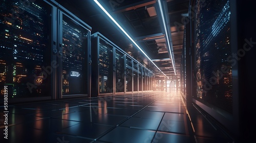 Cinematic Data center full of Server Racks, Server Networking room or Server center providing cloud storage facility and controlled and secure environment for hosting or Storage devices, generative ai