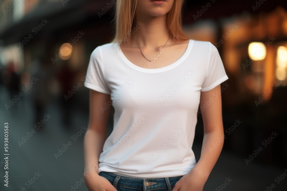 Laid-Back Vibes: Woman in the Streets Rocking a White T-Shirt Front Mockup for Print Design - Generative AI Laid-Back Vibes: Woman in the Streets Rocking a White T-Shirt Front Mockup for Print Design - Generative AI