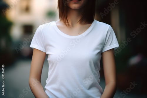 Street Fashion: Casual Woman with White T-Shirt Front Mockup for Print Design - Generative AI