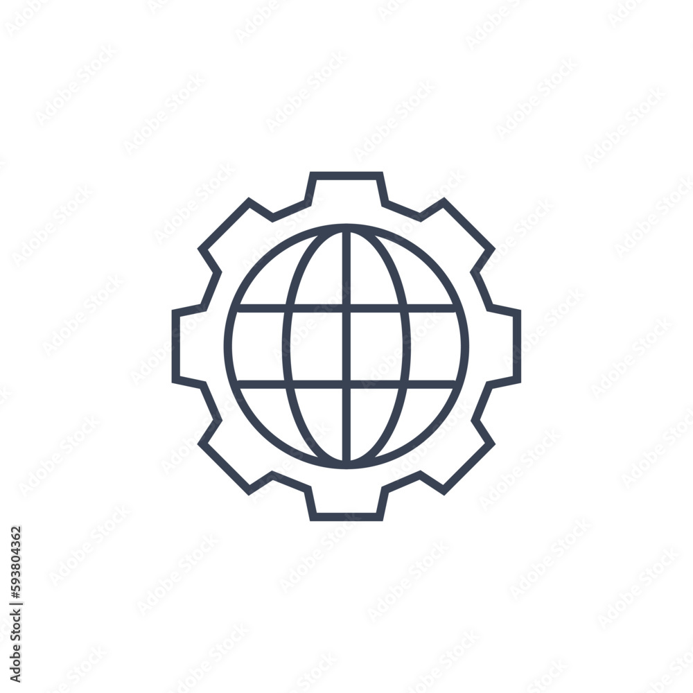 World globe gear line icon. Vector gear globe map illustration line earth network icon. World globe gear line icon. Vector gear globe map illustration line earth network icon.