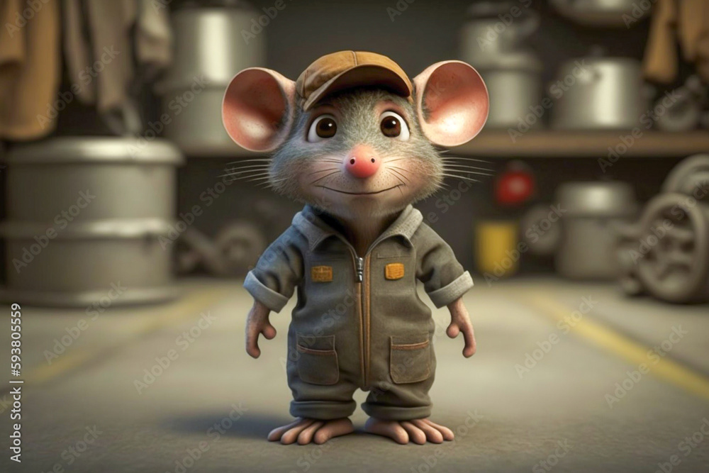 Cute cartoon mouse or rat wearing overalls and cap curiously looking at viewer in the garage. Automotive technician mouse, repair vehicle concept. Fictional person and place. Made with Generative AI Cute cartoon mouse or rat wearing overalls and cap curiously looking at viewer in the garage. Automotive technician mouse, repair vehicle concept. Fictional person and place. Made with Generative AI