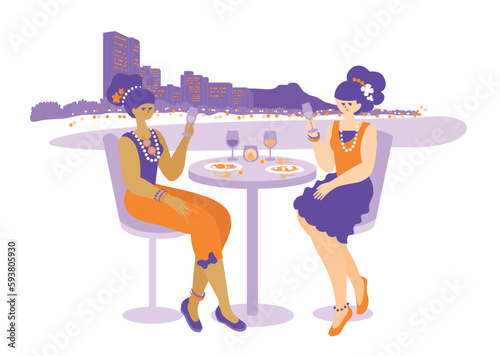 ベクターイラスト：旅行先のテラス席で食事を楽しむ女性たち_travel_girls_Gourmet