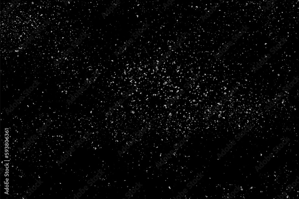 Dust particles effect vector splatter on black background texture. Dust overlay noise dirt background.