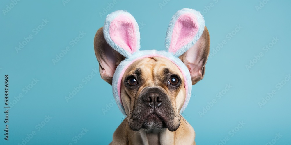 bulldog dog with pink bunny ears,cute and sweet funny doy