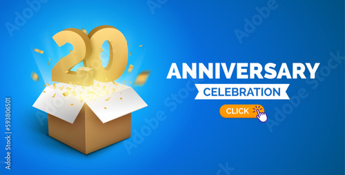 Anniversary birthday 20 years golden background. Happy vector poster 20th anniversary confetti celebration poster.
