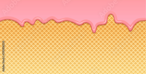 Pink strawberry cream melted waffle cone vector pattern. Icecream waffle sweet liquid biscuit candy cartoon cream.