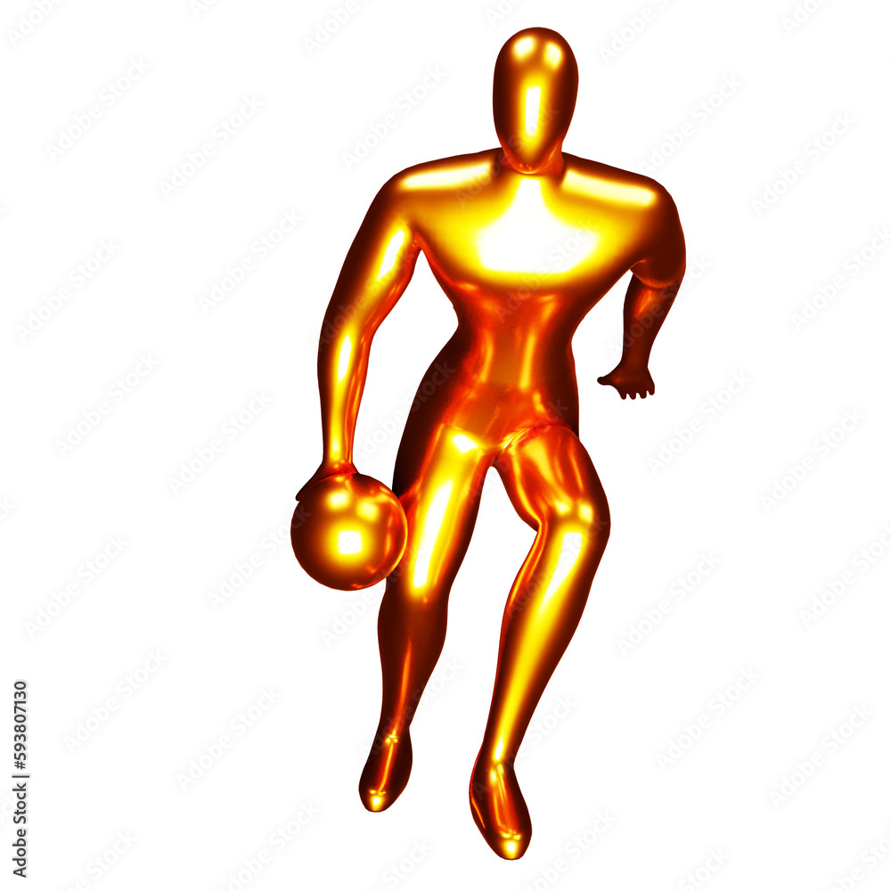 3d gold basketball player figure doing dribble pose.
