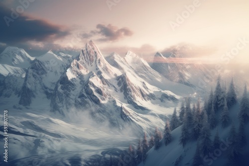 snow-covered mountain landscape with pine trees. Generative AI