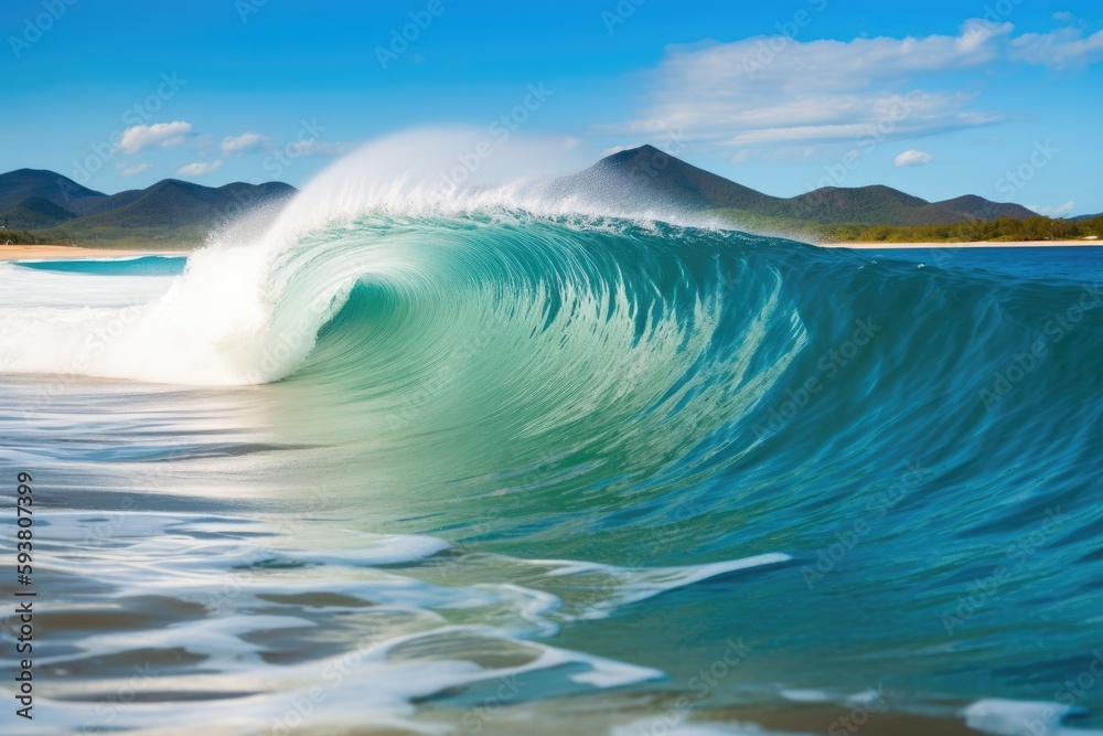 powerful ocean wave crashing onto a sandy beach. Generative AI