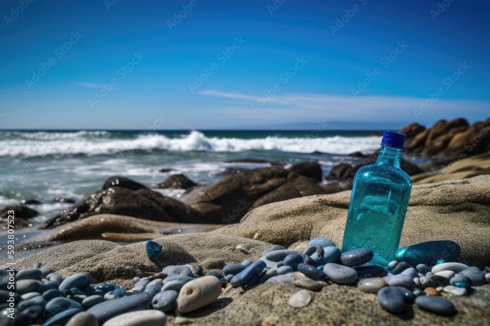 blue glass bottle resting on a rocky shoreline. Generative AI blue glass bottle resting on a rocky shoreline. Generative AI