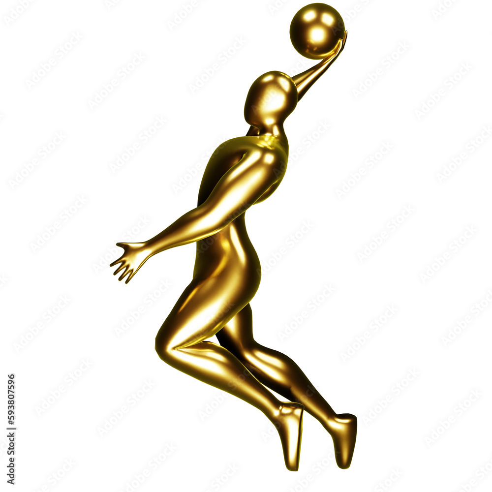 3d gold basketball player figure doing slam dunk pose. 3d gold basketball player figure doing slam dunk pose.