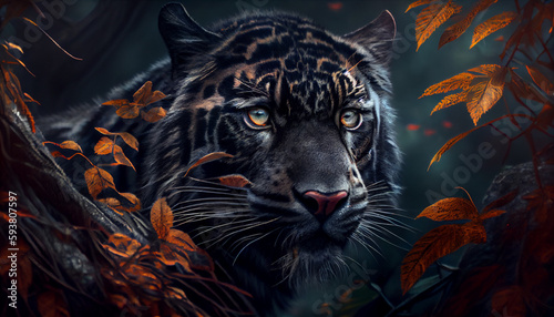 Black tiger in forest close-up. Beautiful close black tiger in forest. Ai generated image