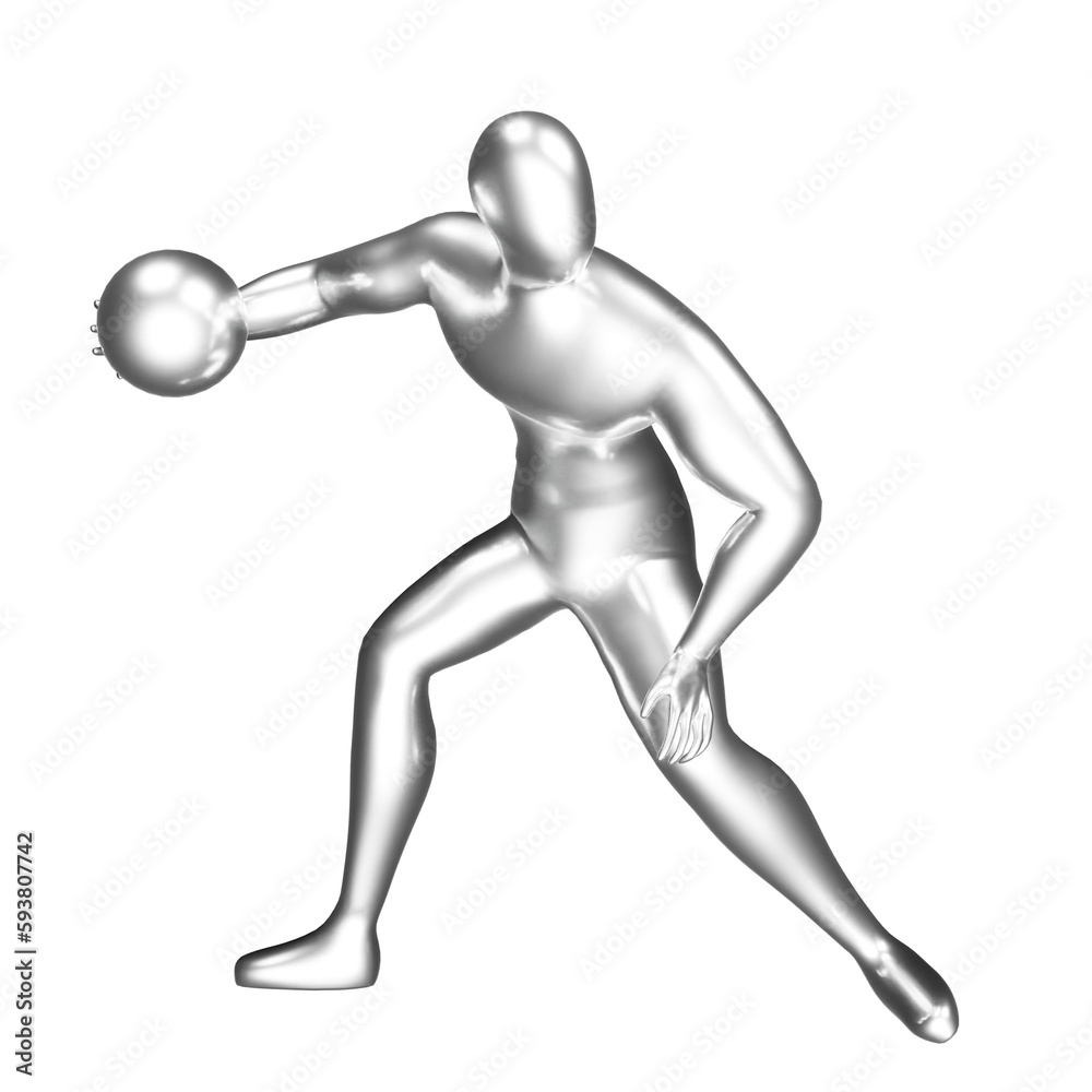 3d silver basketball player figure doing dribble pose.