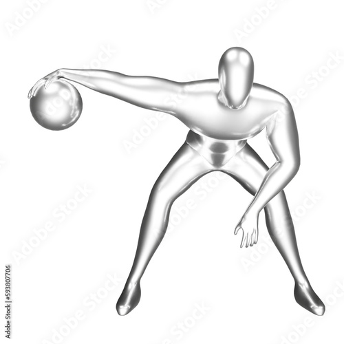 3d silver basketball player figure doing dribble pose.