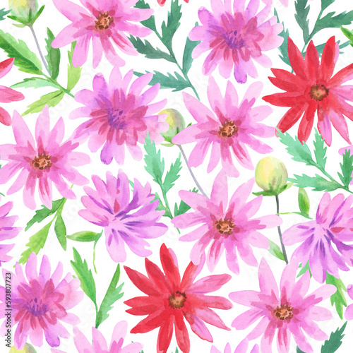 Colorful seamless pattern with watercolor pink and red dahlia flowers. © Yuliya