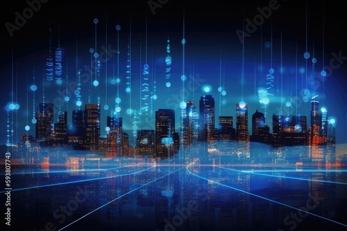 Futuristic Cityscape with Blue Neon Lights at Night. Generative AI