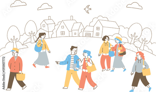 登下校する学生たち_セット_色