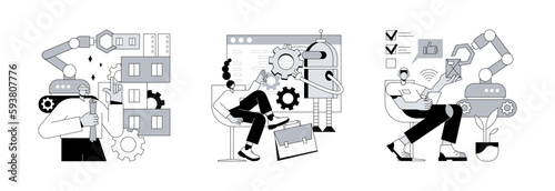 Machine work abstract concept vector illustration set. Robotics construction, collaborative artificial intelligence, remotely operated robots, factory automation, human control abstract metaphor.