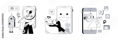 Interactive device abstract concept vector illustration set. Affective computing, personification design, artificial intelligence in social media, speech and gesture recognition abstract metaphor.