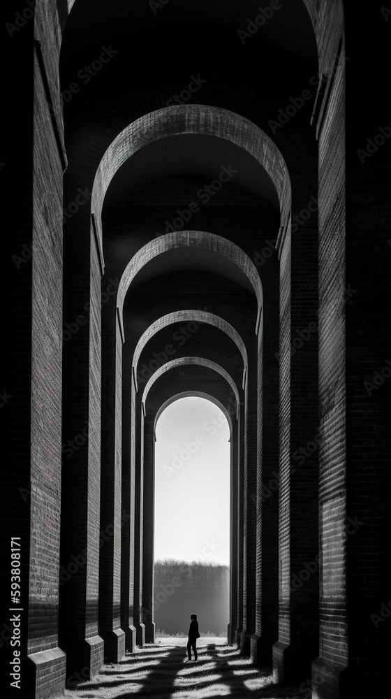 Tiny unrecognisable human silhouette in brick viaduct or rail bridge, light shining via tall arches, AI generative black white illustration