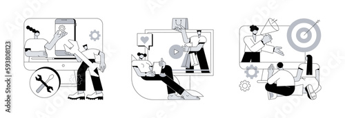 Video content abstract concept vector illustration set. Technical review, shopping sprees video, addressable TV advertising, personal vlog, target marketing, new device review abstract metaphor.