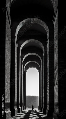 Tiny unrecognisable human silhouette in brick viaduct or rail bridge, light shining via tall arches, AI generative black white illustration
