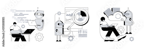 AI-based software abstract concept vector illustration set. Open automation architecture, robotic process automation, cloud artificial intelligence, remote machine learning abstract metaphor.