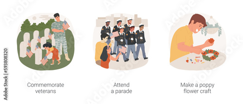 Memorial Day isolated cartoon vector illustration set. Commemorate veterans, Remembrance day celebration, attend parade, diverse people holding USA flags, make a poppy flower craft vector cartoon.