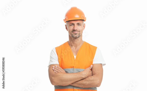 man worker in white studio. man worker in helmet on background.