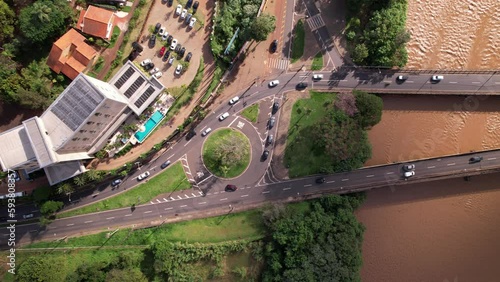 Aerial view of the city of Piracicaba, in Sao Paulo, Brazil. Piracicaba River with trees, houses and offices