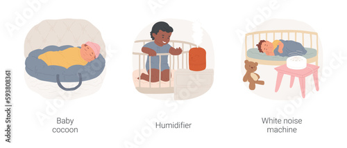 Healthy sleep for a baby isolated cartoon vector illustration set. Newborn sleeps in a baby cocoon, healthy moisture in the room, infant looks at the humidifier, white noise machine vector cartoon.