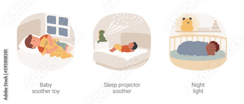 Baby bedtime isolated cartoon vector illustration set. Infant lying with plush warm soother, sleep projector soother, starlight projection, musical toy, calming night light lamp vector cartoon.
