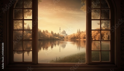 image of a window with a view of a peaceful lake or river  with a mosque on its banks to celebrate Eid al-Fitr. Generative ai