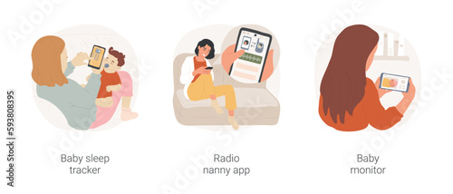 Baby sleep gadgets isolated cartoon vector illustration set. Baby sleep tracker, radio nanny app, mom smartphone application, infant sleep video monitor, newborn cry detection vector cartoon.