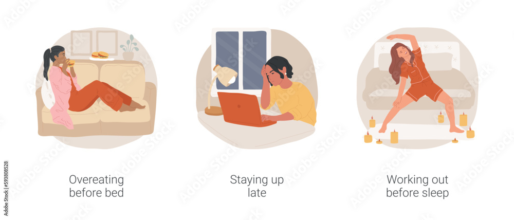 Fototapeta premium Bad habits before sleep isolated cartoon vector illustration set. Overeating before bed, night eater, staying up late, watch screen in the dark, working out before sleep, insomnia vector cartoon.