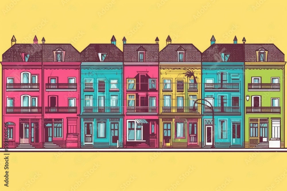 Colorful Row of Buildings Against a Yellow Background. Generative AI