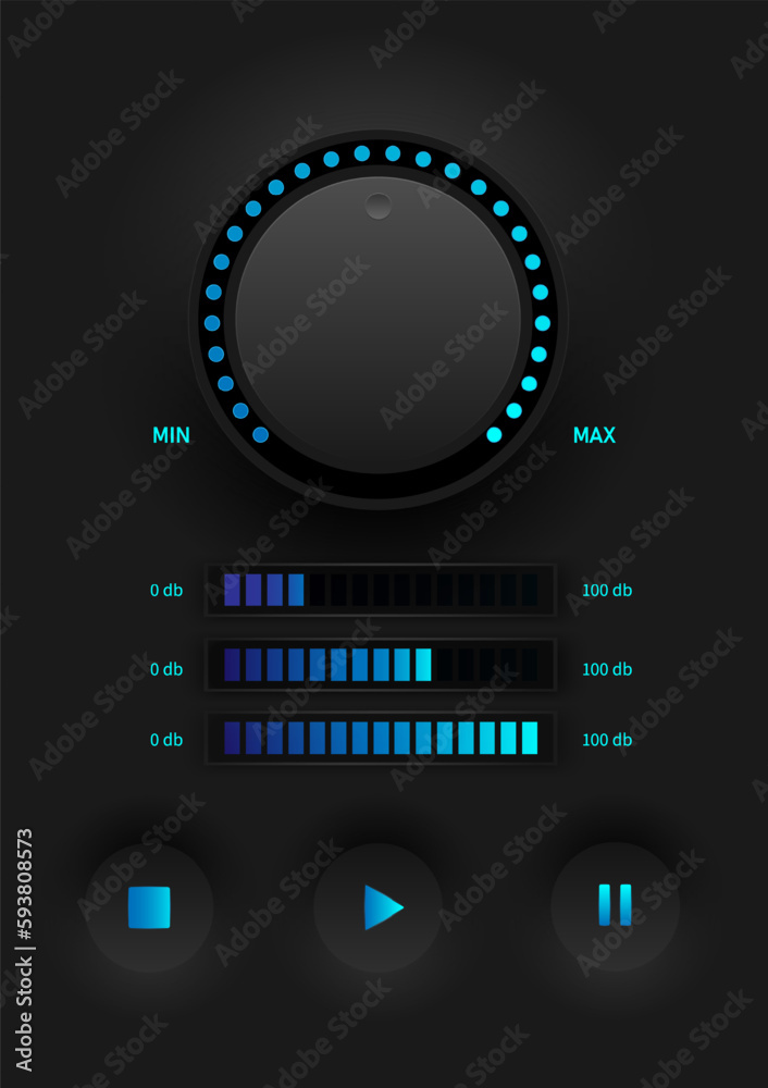 Technology abstract sound control knob circular LED level indicator with blue letters Bar graph with gradient lights The bottom keypad has an icon in the middle of a black gradient background.