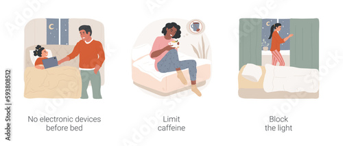 Sleep hygiene isolated cartoon vector illustration set. No electronic devices before bed, take tablet from kid, limit caffeine, block the light before sleep, put dark curtains vector cartoon.