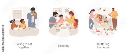 Family problems isolated cartoon vector illustration set. Failing to eat together, busy parents, family bickering, cluttering the house, clothes and toys scattered in living room vector cartoon.