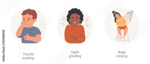 Kids bad habits isolated cartoon vector illustration set. Thumb sucking, kid put finger in mouth, teeth grinding habit, child dental problem, body rocking, young teen stress vector cartoon.