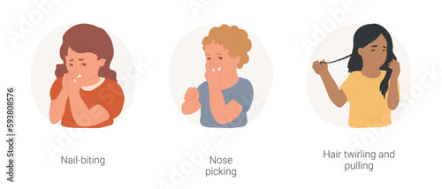 Children bad habits isolated cartoon vector illustration set. Nail-biting habit, little boy picking his nose, girl hair twirling and pulling hair, kid being nervous, child stress vector cartoon.