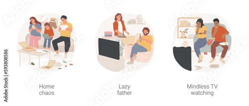 Family bad habits isolated cartoon vector illustration set. Family members overusing gadgets, chaos in living room, lazy father lying on the couch, family mindless TV watching vector cartoon. © Vector Juice