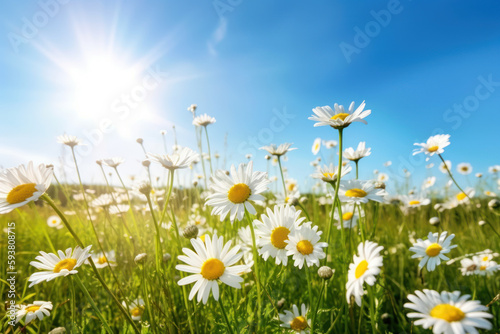 Summer landscape of beautiful chamomile flower in meadow on blue sky background. Generative ai. © tonktiti