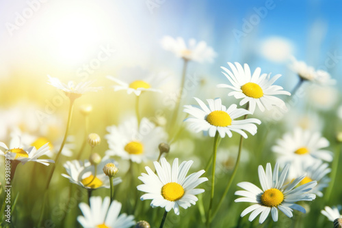 Summer landscape of beautiful chamomile flower in meadow on blue sky background. Generative ai.