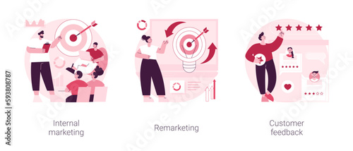 Company strategy and promotion abstract concept vector illustration set. Internal marketing, remarketing and customer feedback, employee engagement, targeted online advertising abstract metaphor.